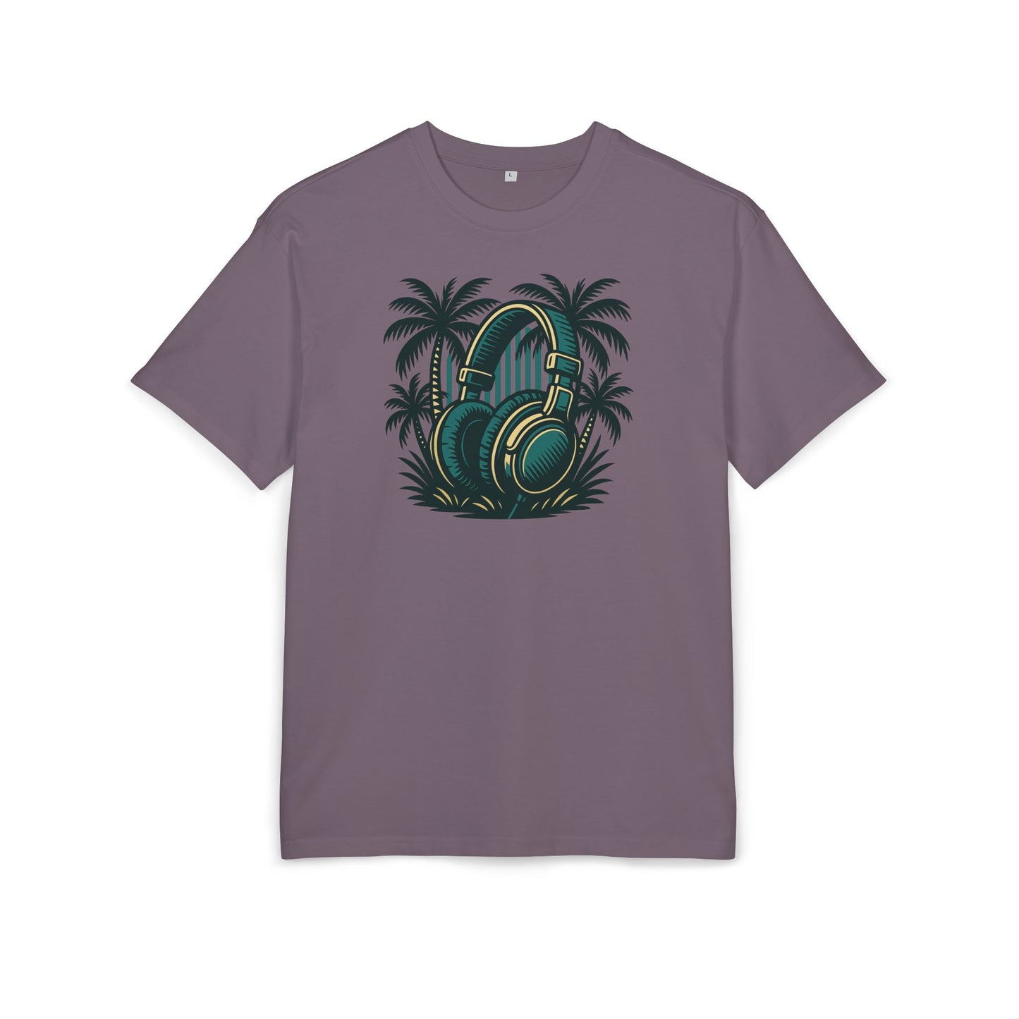 Retro T-Shirt mit Kopfhörer & Palmen (Brustprint)– Musik & Beach Vibes im Vintage Look