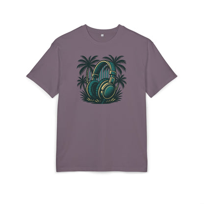 Retro T-Shirt mit Kopfhörer & Palmen (Brustprint)– Musik & Beach Vibes im Vintage Look