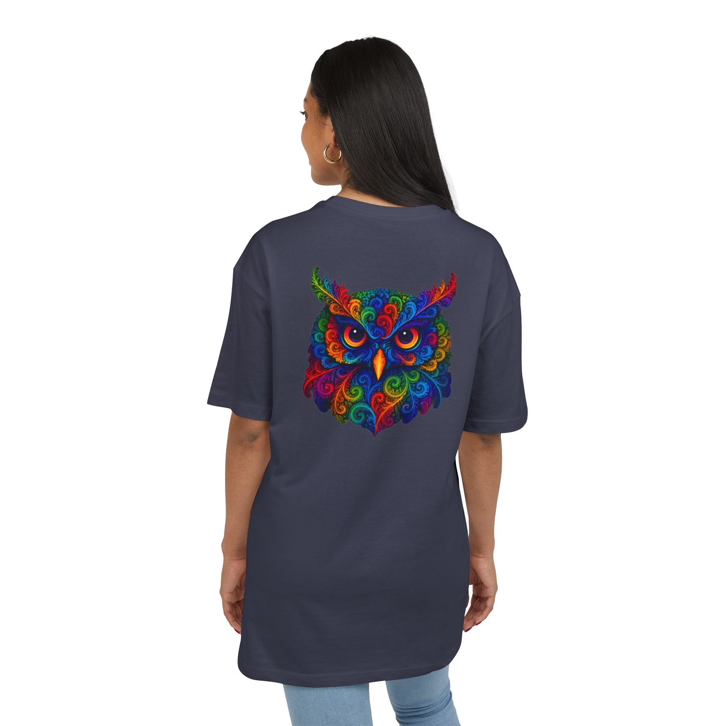 Buntes Eulen T-Shirt (Rückenprint) – Psychedelisches Tiermotiv im Boho-Stil – Unisex Shirt mit farbenfrohem, detailliertem Eulen-Design
