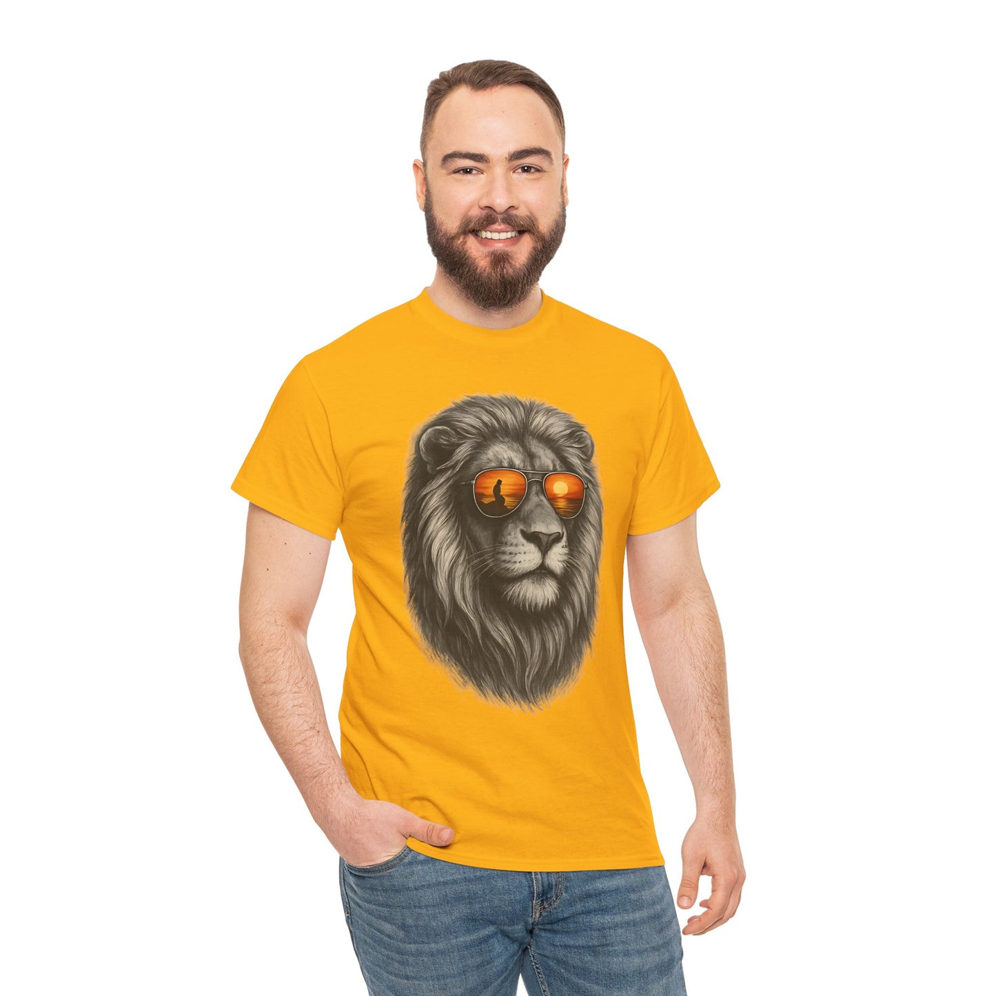 Löwen T-Shirt mit Sonnenbrille & Sonnenuntergang (Brustprint) – Stylisches Tiermotiv für Surfer & Naturfreunde