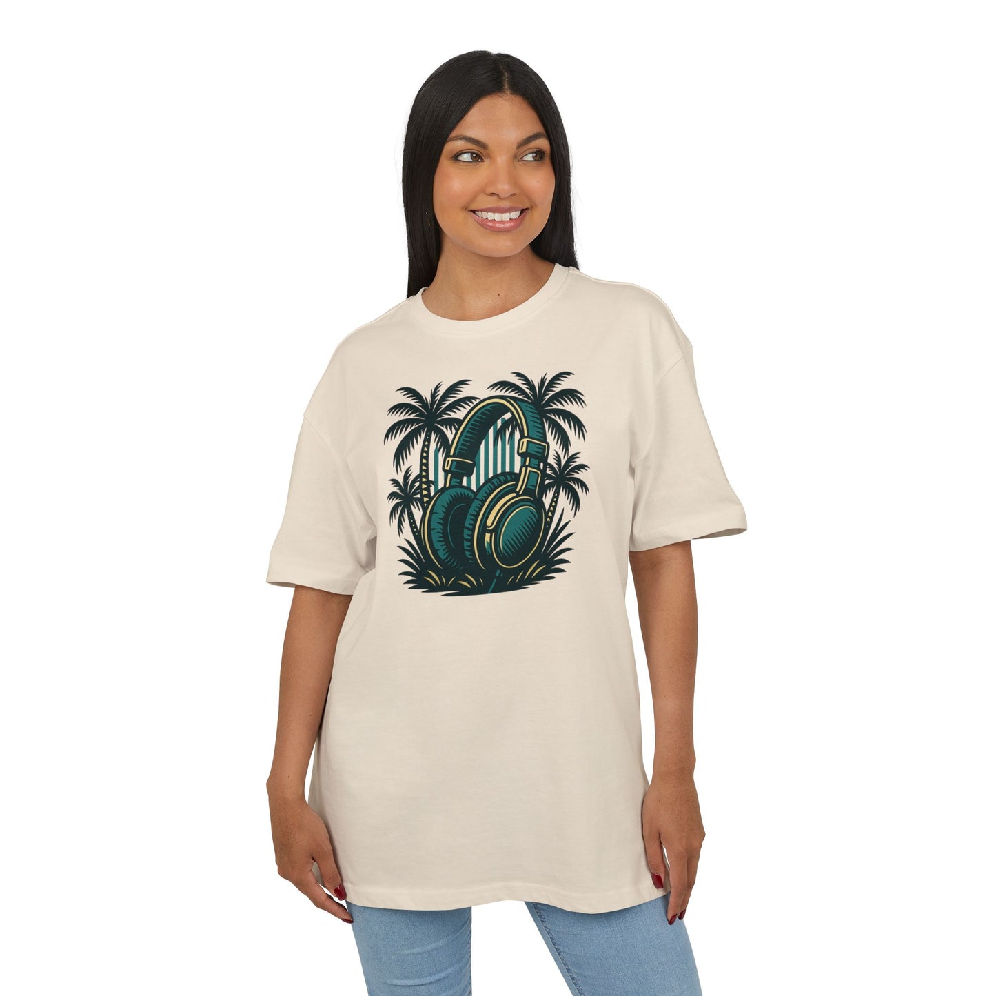 Retro T-Shirt mit Kopfhörer & Palmen (Brustprint)– Musik & Beach Vibes im Vintage Look