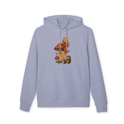 Vintage Pilz Fee & Igel Hoodie (Brustprint) – Retro Waldmotiv Kapuzenpullover für Natur- & Pilzliebhaber