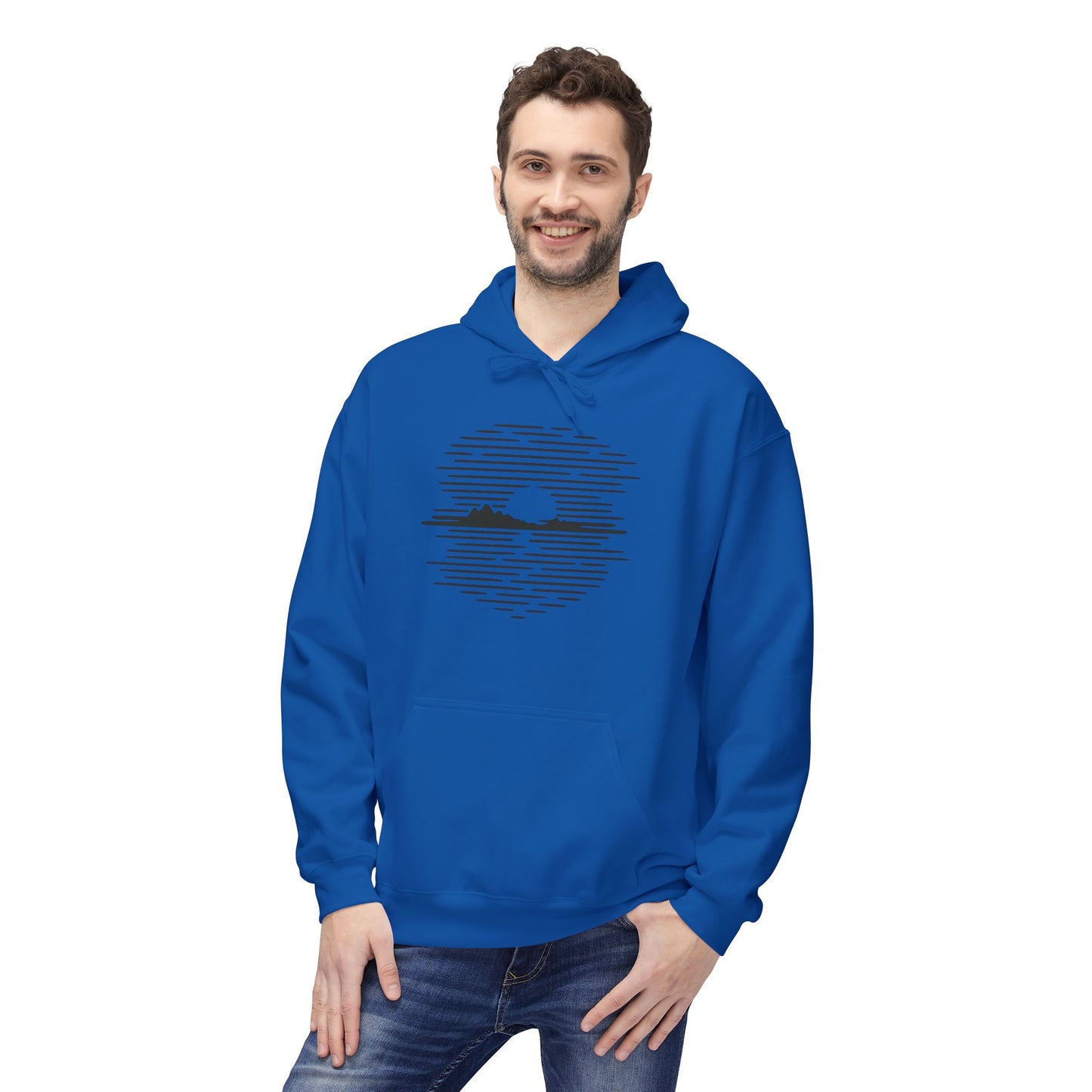 Unisex Hoodie mit Berg-Sonnenuntergang Design (Brustprint) – Minimalistischer Natur Pullover aus Baumwolle