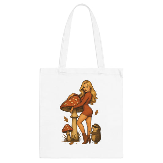 Vintage Pilz Fee & Igel Jutebeutel – Retro Waldmotiv Stofftasche für Natur- & Pilzliebhaber