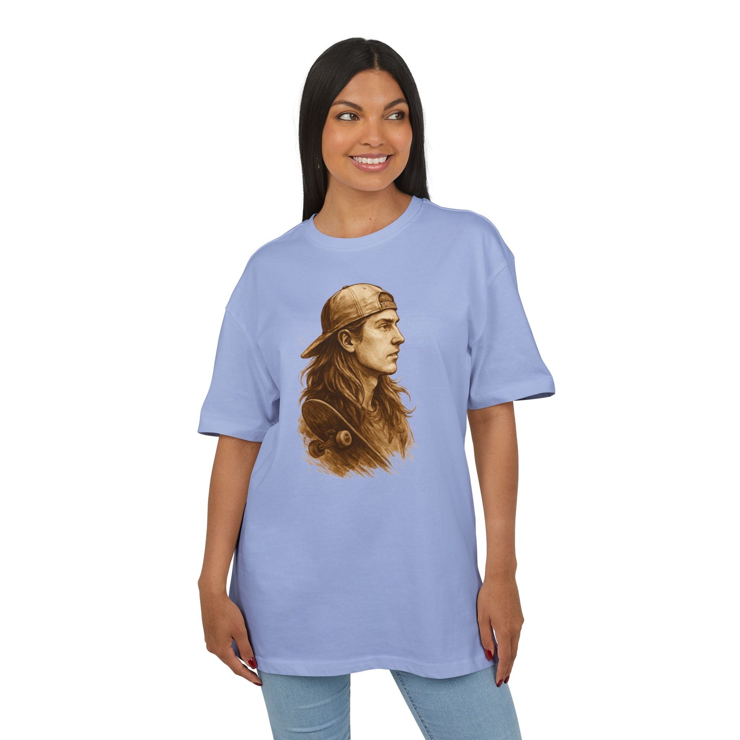 Skater Style T-Shirt (Brustprint) – Retro Kunst-Design mit Langhaar-Skater und Cap – Vintage Skateboard Look