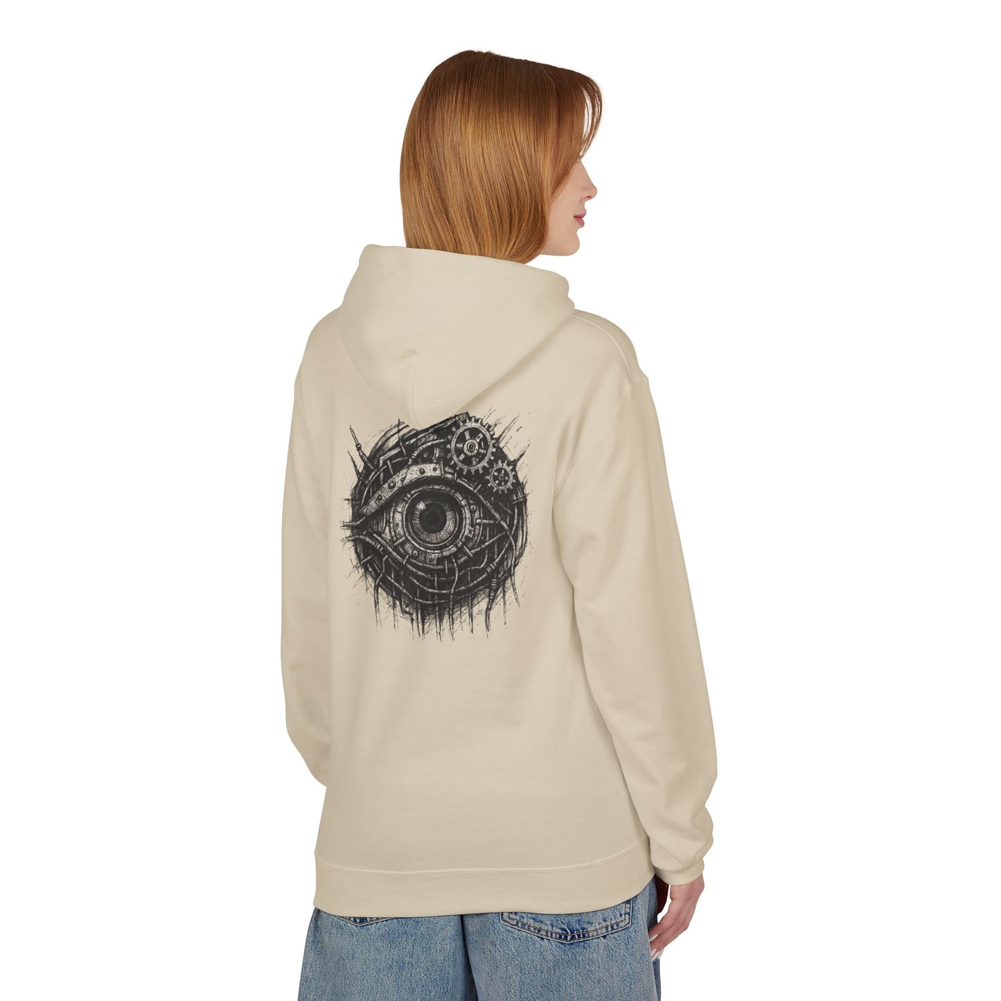 Biomechanisches Auge Hoodie Unisex – Cyberpunk Kapuzenpullover mit Zahnrädern & Kabeln | Futuristischer Techwear Look