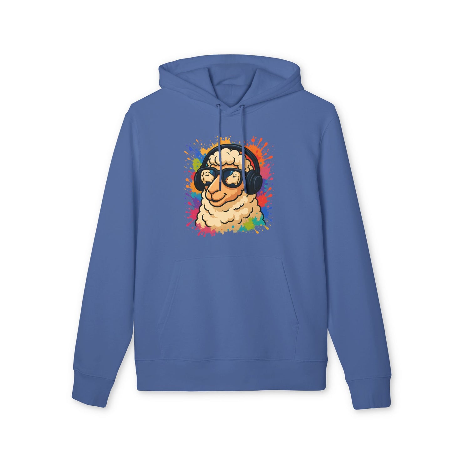 Schaf Hoodie (Brustprint) – Lustiger Unisex Kapuzenpullover mit Kopfhörer-Schaf & buntem Farbspritzer-Design