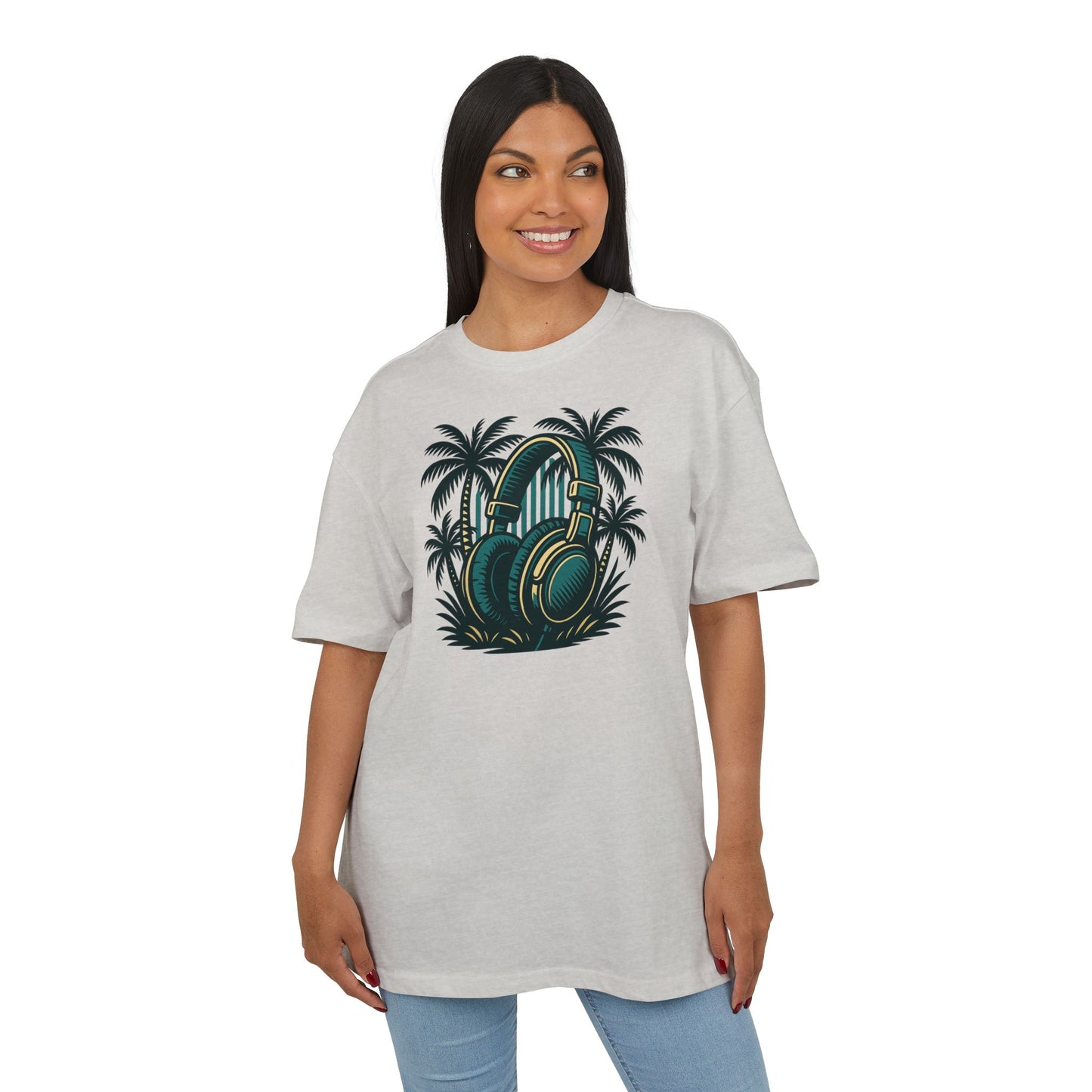 Retro T-Shirt mit Kopfhörer & Palmen (Brustprint)– Musik & Beach Vibes im Vintage Look
