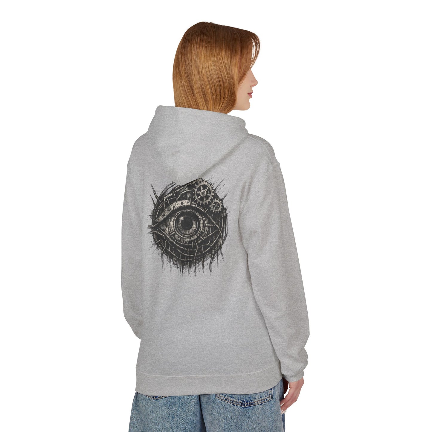 Biomechanisches Auge Hoodie Unisex – Cyberpunk Kapuzenpullover mit Zahnrädern & Kabeln | Futuristischer Techwear Look