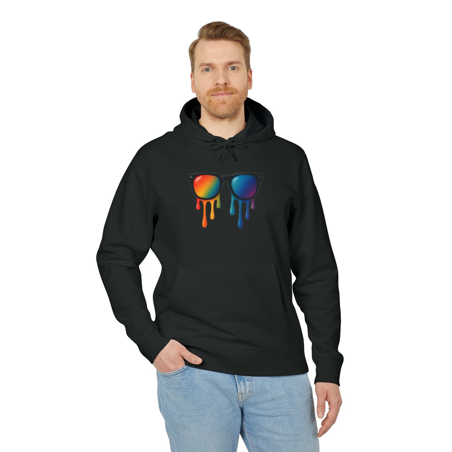 Melting Shades Hoodie (Brustprint) – Stylischer Unisex Hoodie mit bunter Sonnenbrille & Tropf-Effekt | Retro Streetwear für Sommer & Festival