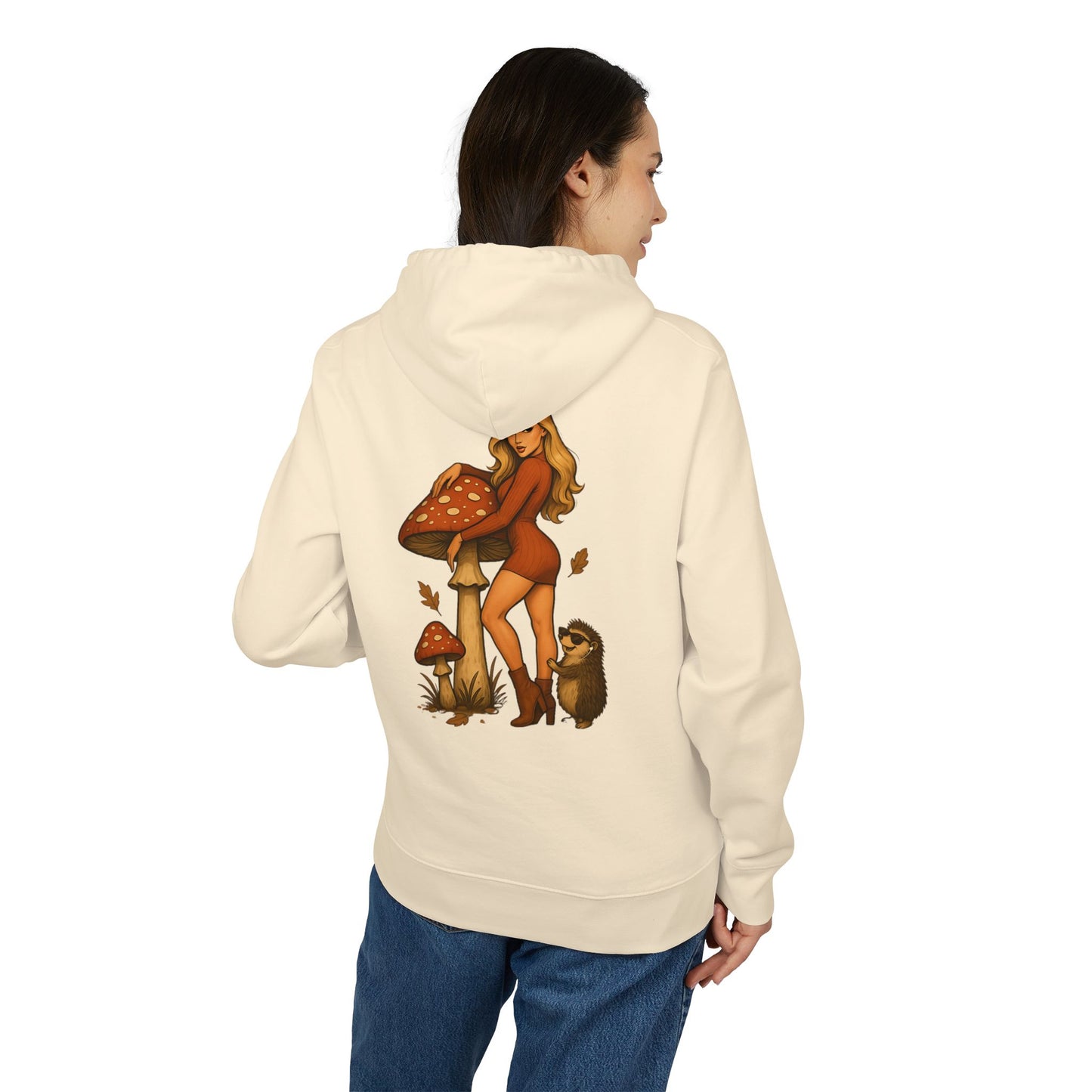 Vintage Pilz Fee & Igel Hoodie (Rückenprint) – Retro Waldmotiv Kapuzenpullover für Natur- & Pilzliebhaber