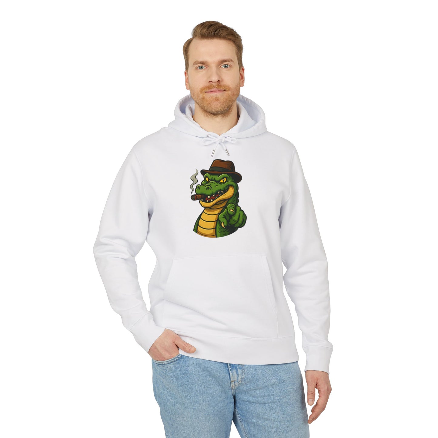 Gangster Alligator Hoodie (Brustprint) – Cooler Unisex Kapuzenpullover mit Krokodil, Zigarre & Hut im Comic Style