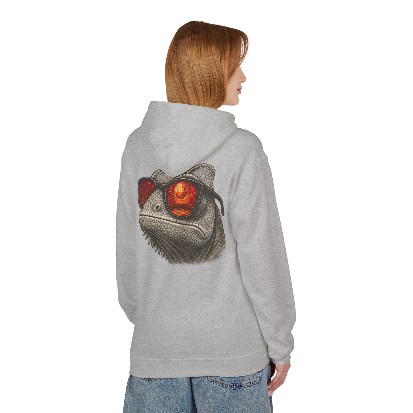 Chamäleon Hoodie Unisex (Rückenprint) – Retro Tiermotiv mit Sonnenbrille & Disco-Design – Lustiger Kapuzenpullover für Festival, Streetwear & Geschenkideen