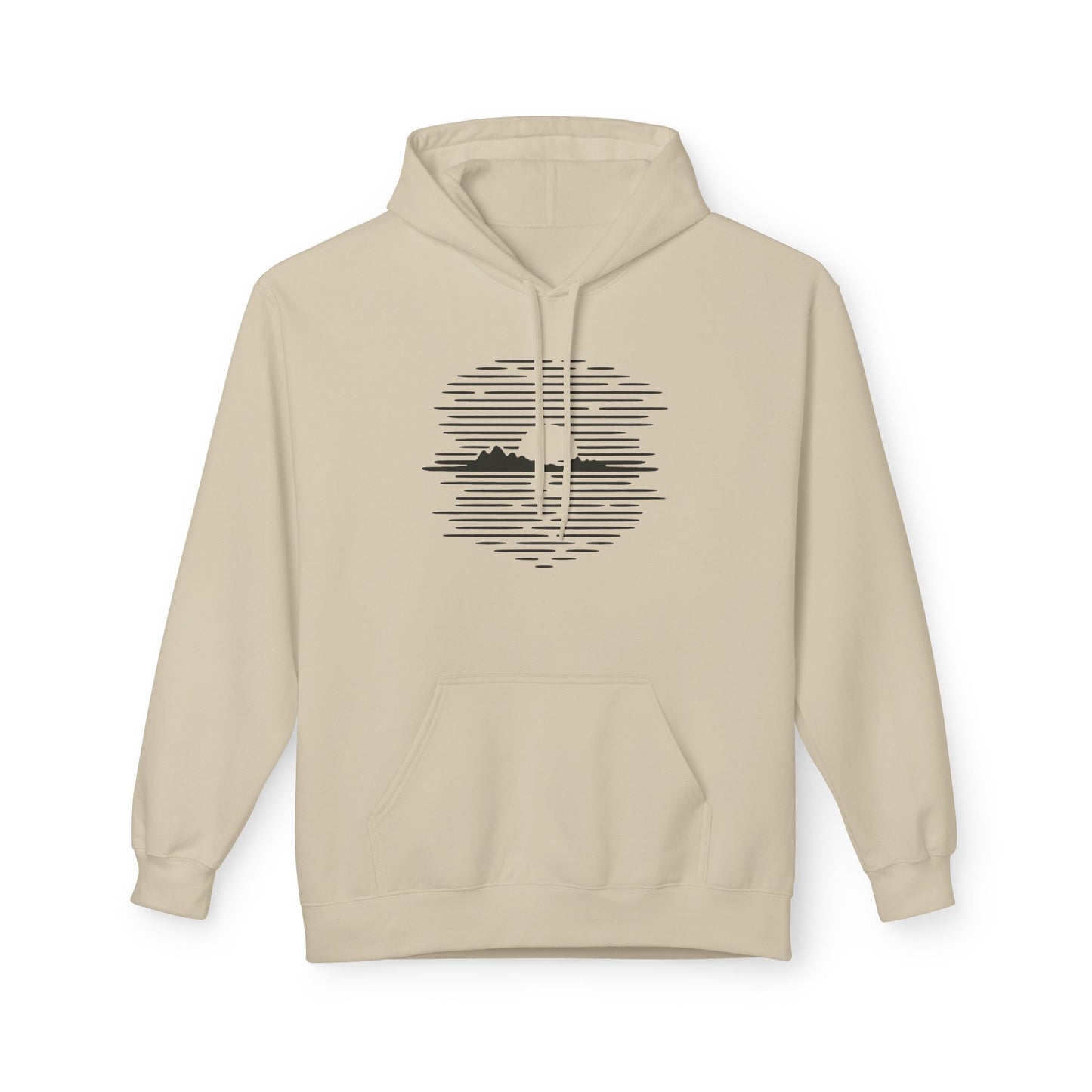 Unisex Hoodie mit Berg-Sonnenuntergang Design (Brustprint) – Minimalistischer Natur Pullover aus Baumwolle