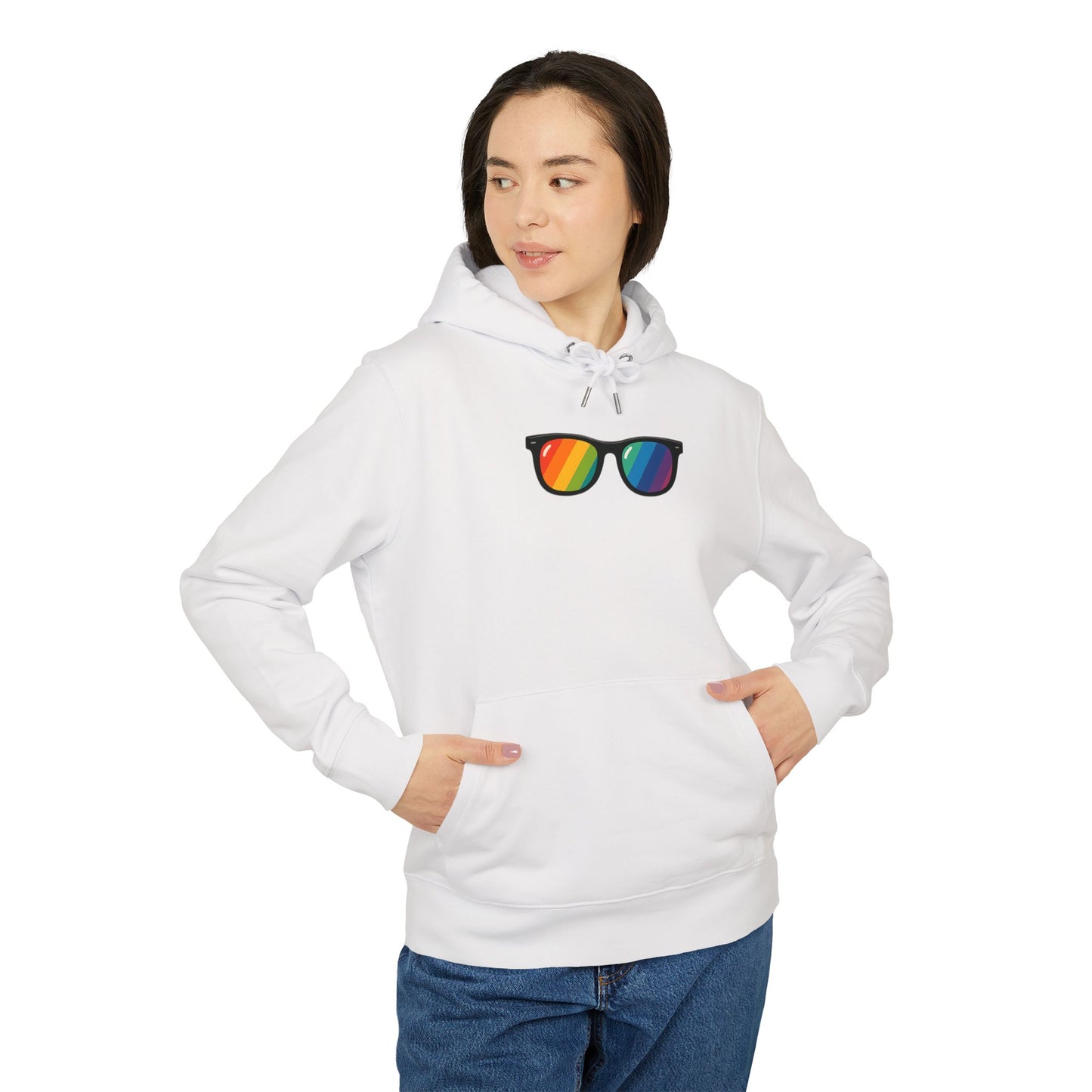 Regenbogen Sonnenbrille Hoodie (Brustprint) – Unisex Kapuzenpullover im bunten Pride Design für Festival & Streetwear