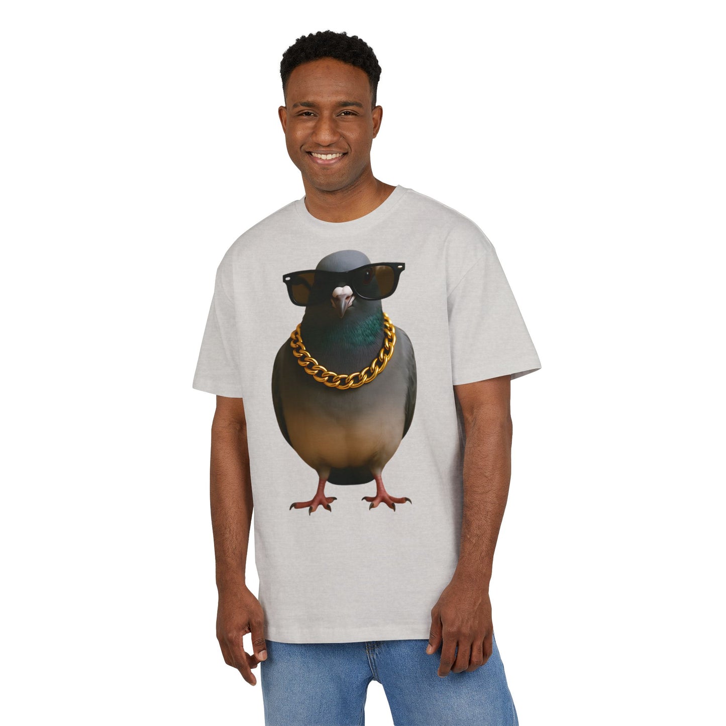 Streetstyle Taube T-Shirt (Brustprint) – Cooles Pigeon Design mit Sonnenbrille & Goldkette für Urban Vibes