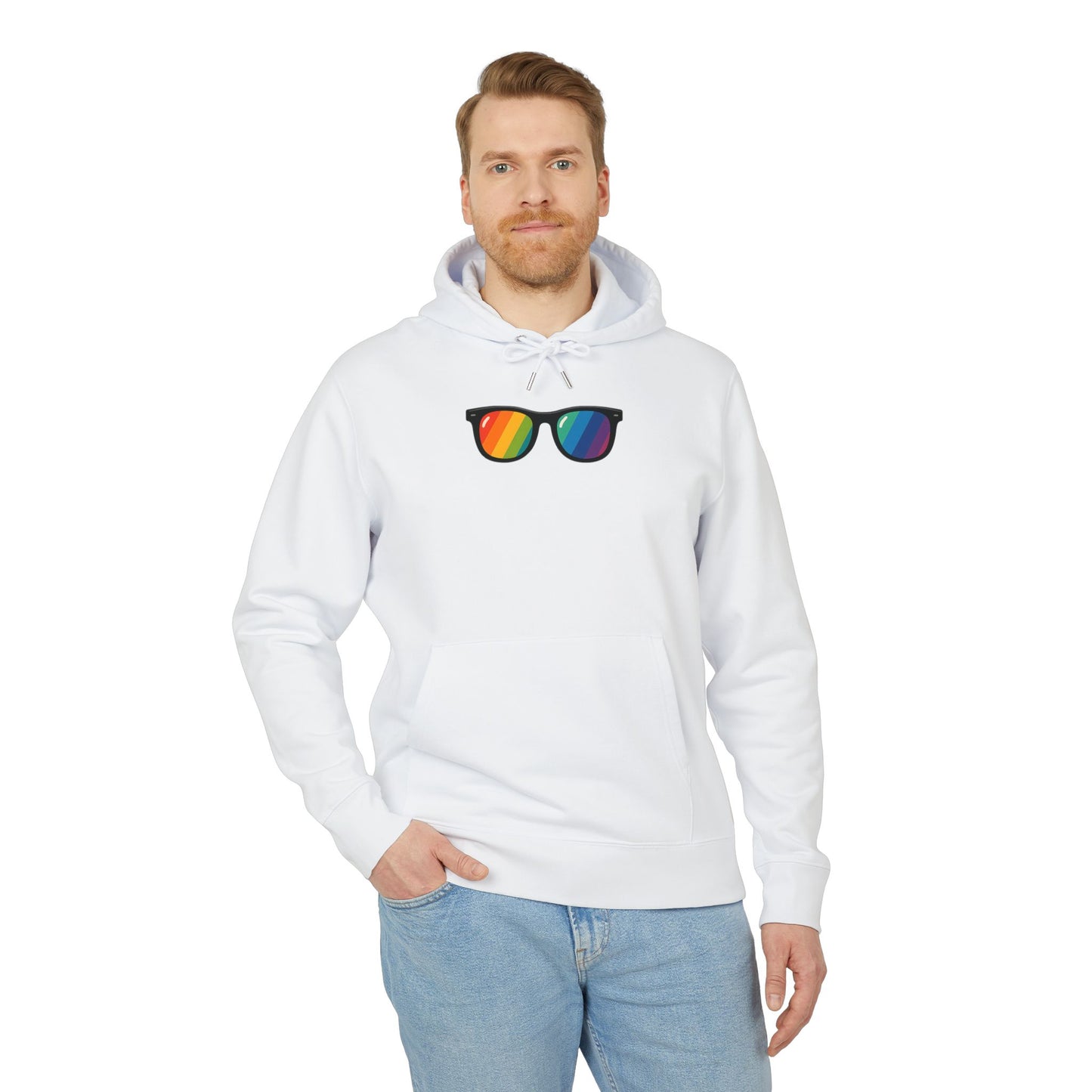 Regenbogen Sonnenbrille Hoodie (Brustprint) – Unisex Kapuzenpullover im bunten Pride Design für Festival & Streetwear
