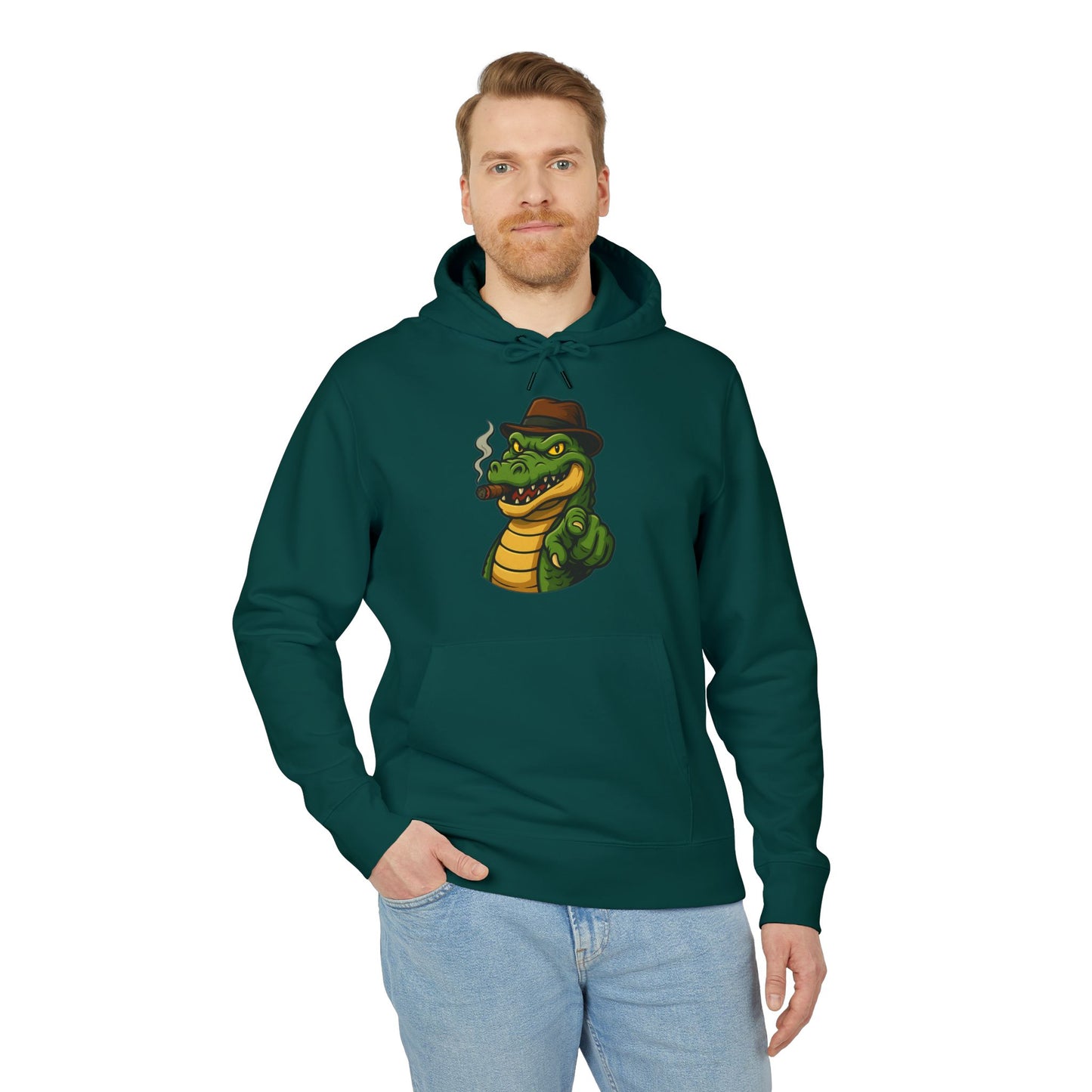 Gangster Alligator Hoodie (Brustprint) – Cooler Unisex Kapuzenpullover mit Krokodil, Zigarre & Hut im Comic Style