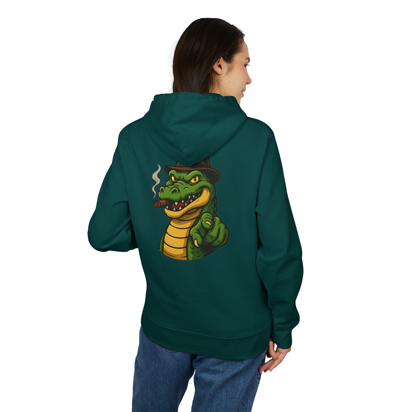 Gangster Alligator Hoodie (Rückenprint) – Cooler Unisex Kapuzenpullover mit Krokodil, Zigarre & Hut im Comic Style