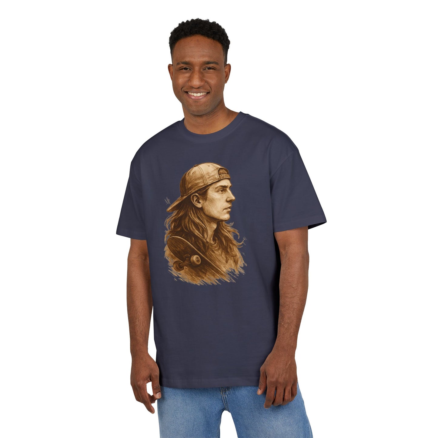 Skater Style T-Shirt (Brustprint) – Retro Kunst-Design mit Langhaar-Skater und Cap – Vintage Skateboard Look