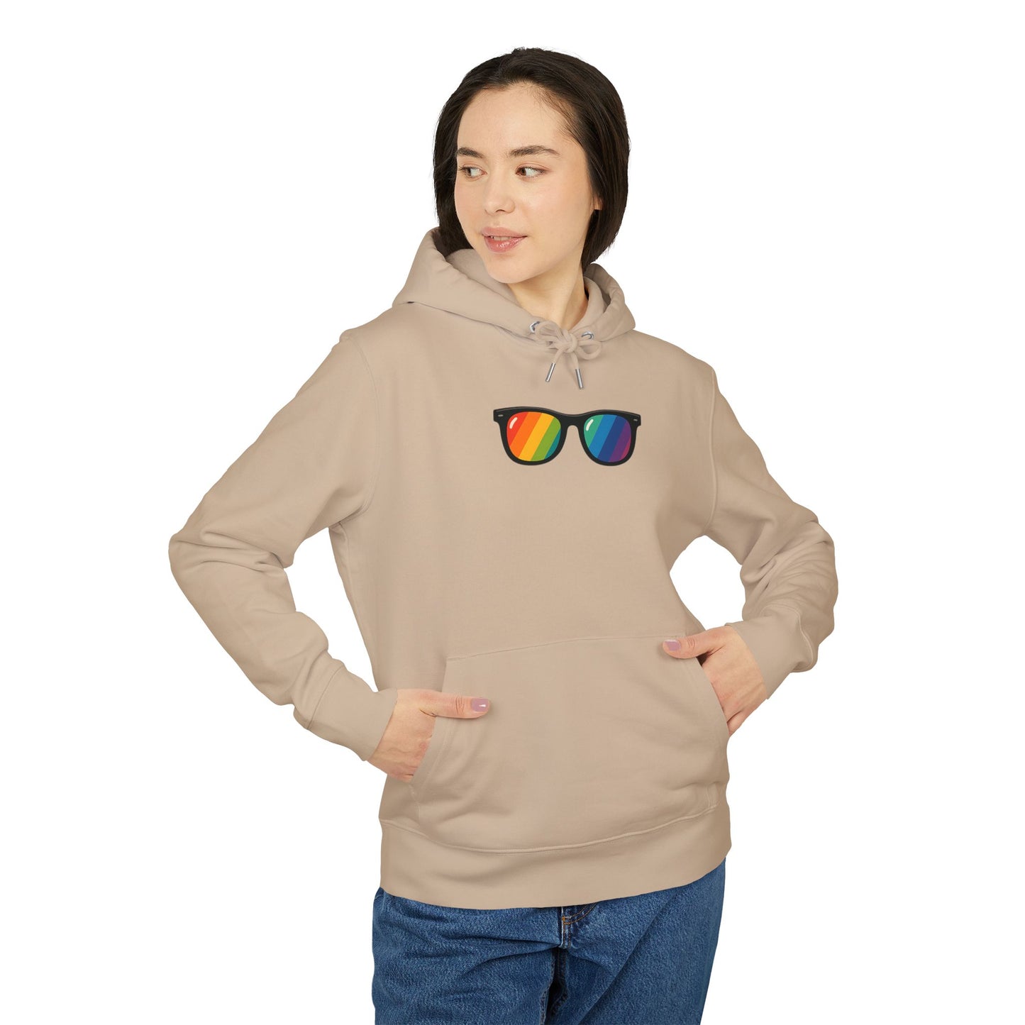 Regenbogen Sonnenbrille Hoodie (Brustprint) – Unisex Kapuzenpullover im bunten Pride Design für Festival & Streetwear