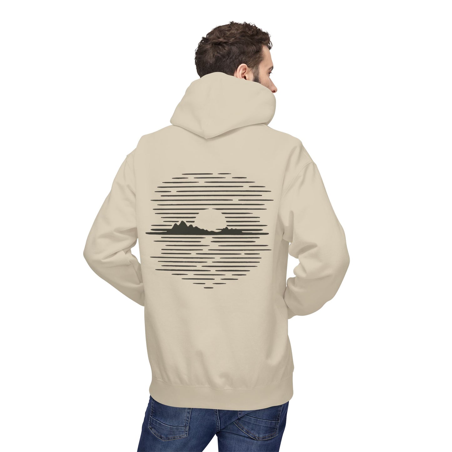 Unisex Hoodie mit Berg-Sonnenuntergang Design (Rückenprint) – Minimalistischer Natur Pullover aus Baumwolle
