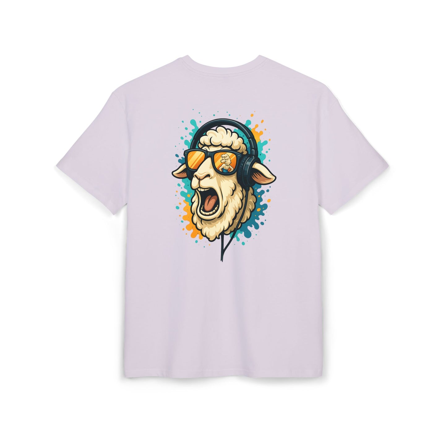 Lustiges Schaf T-Shirt (Rückenprint) – Cooles Cartoon-Motiv mit Kopfhörer & Sonnenbrille – Unisex Shirt für Musikfans & Tierliebhaber