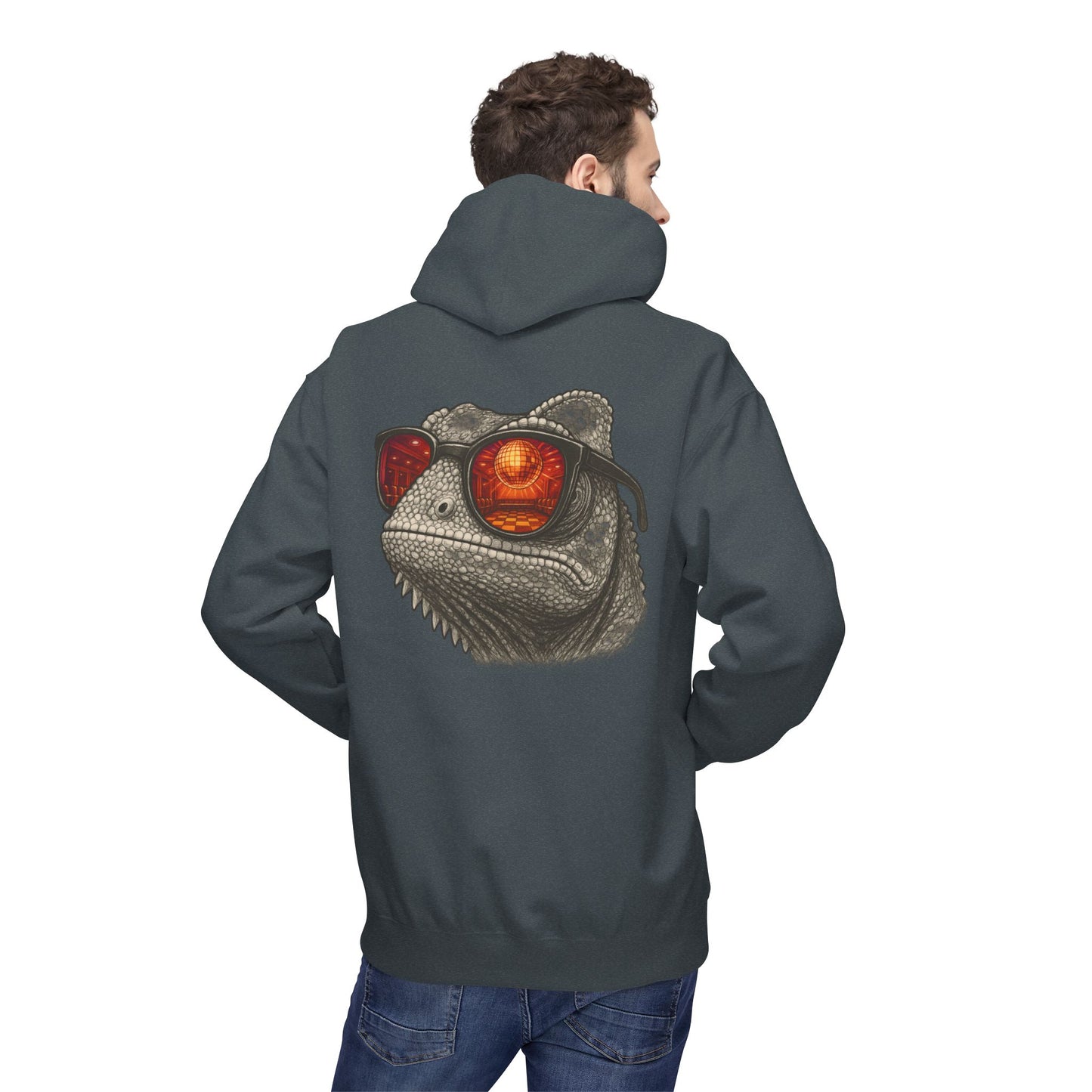 Chamäleon Hoodie Unisex (Rückenprint) – Retro Tiermotiv mit Sonnenbrille & Disco-Design – Lustiger Kapuzenpullover für Festival, Streetwear & Geschenkideen