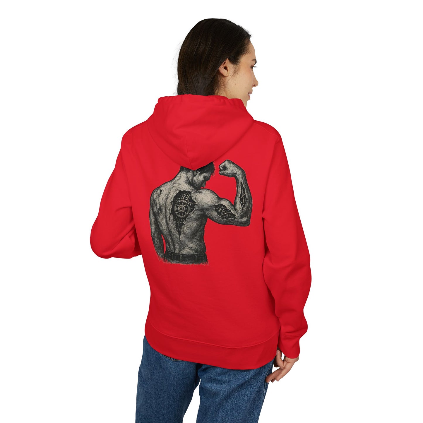 Biomechanik Hoodie Unisex (Rückenprint) – Muskel-Cyborg Design mit Zahnrädern & Maschinenstruktur | Futuristischer Techwear Kapuzenpullover für Sci-Fi & Fitness Fans