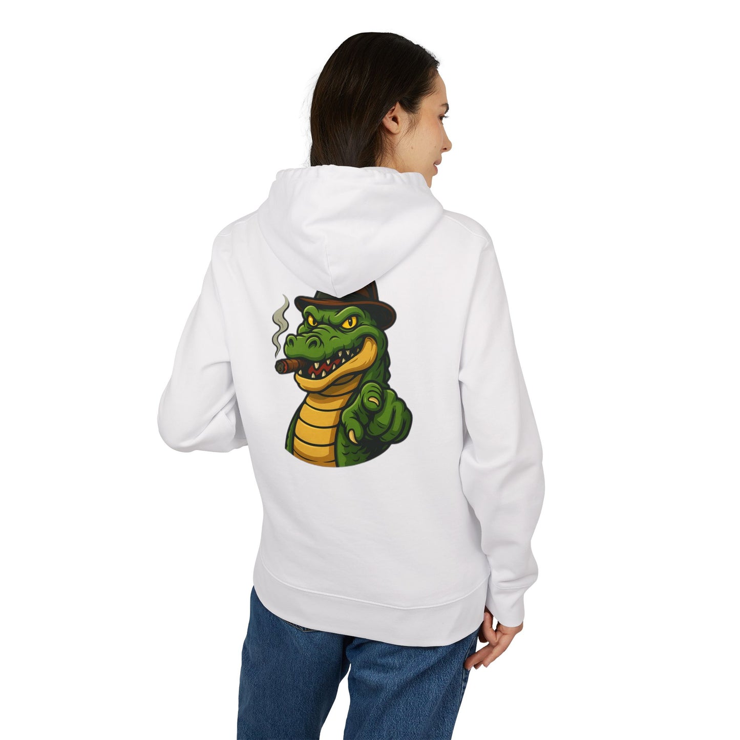 Gangster Alligator Hoodie (Rückenprint) – Cooler Unisex Kapuzenpullover mit Krokodil, Zigarre & Hut im Comic Style