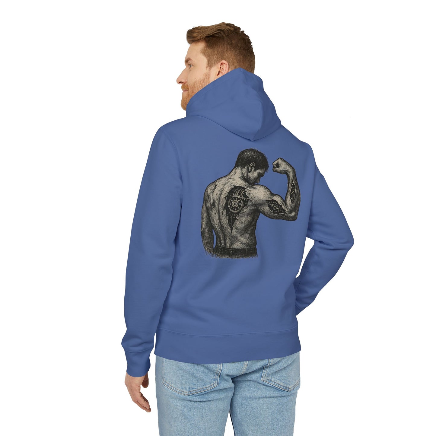 Biomechanik Hoodie Unisex (Rückenprint) – Muskel-Cyborg Design mit Zahnrädern & Maschinenstruktur | Futuristischer Techwear Kapuzenpullover für Sci-Fi & Fitness Fans