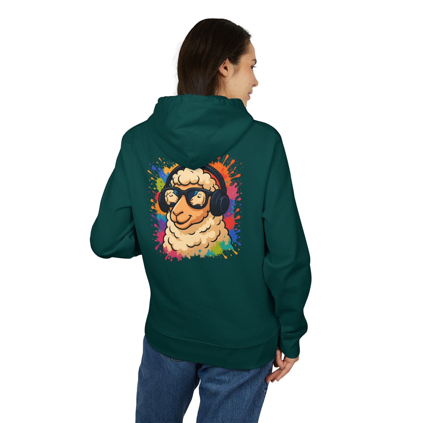 Schaf Hoodie (Rückenprint) – Lustiger Unisex Kapuzenpullover mit Kopfhörer-Schaf & buntem Farbspritzer-Design