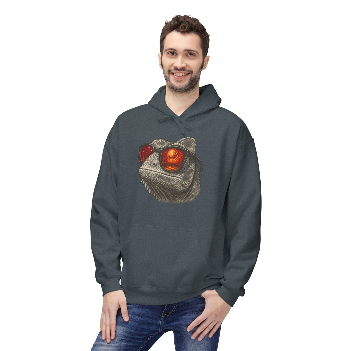 Chamäleon Hoodie Unisex (Brustprint) – Retro Tiermotiv mit Sonnenbrille & Disco-Design – Lustiger Kapuzenpullover für Festival, Streetwear & Geschenkideen