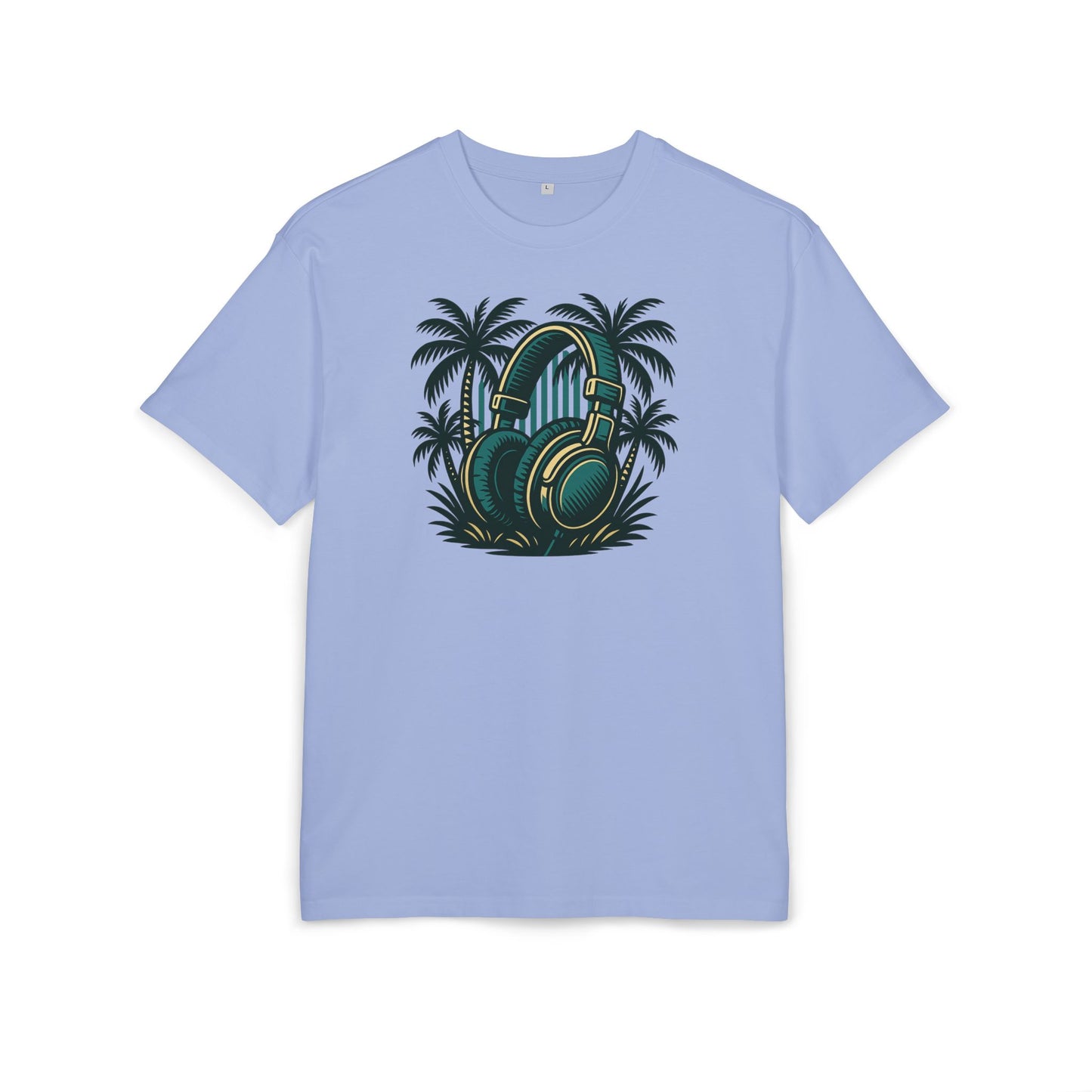 Retro T-Shirt mit Kopfhörer & Palmen (Brustprint)– Musik & Beach Vibes im Vintage Look
