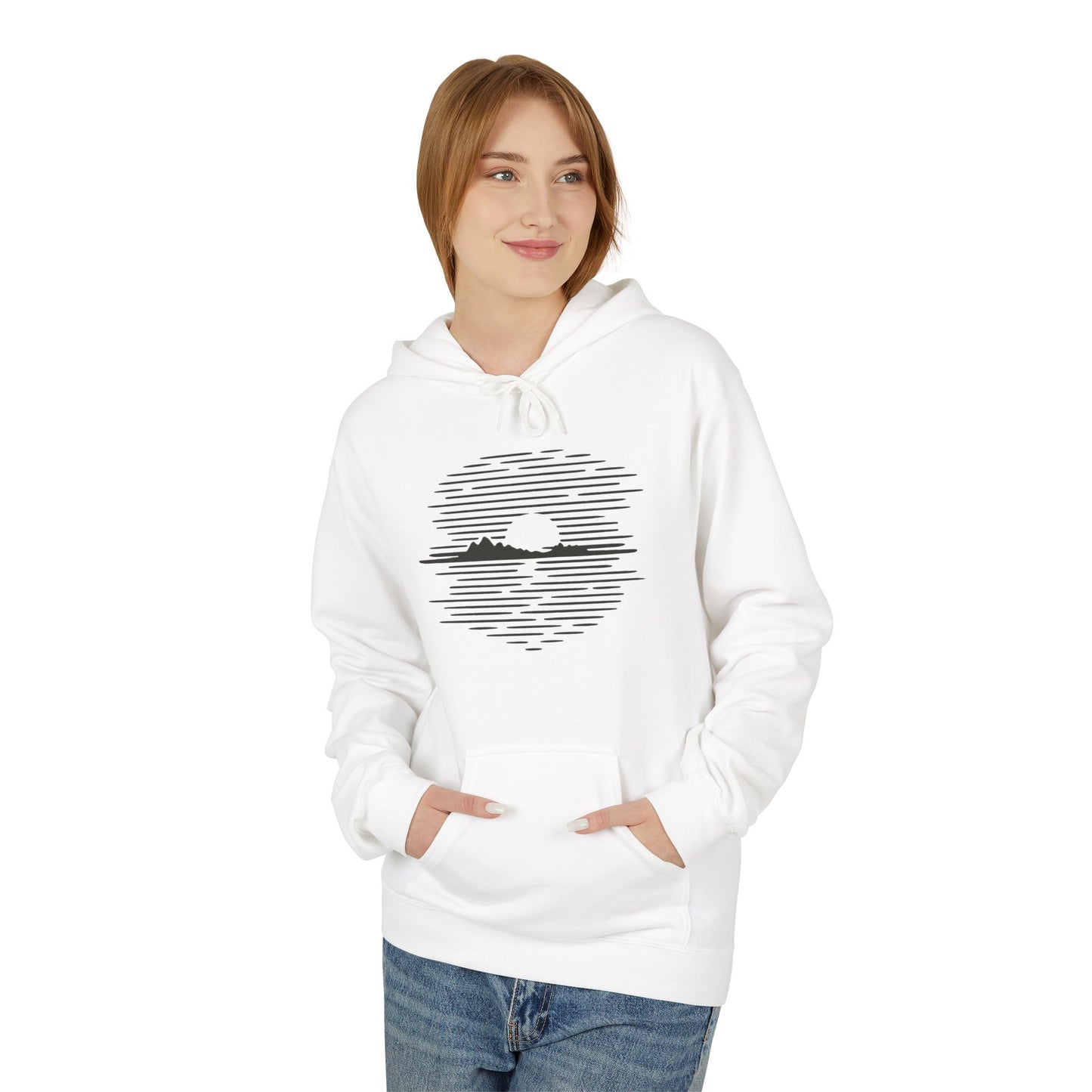 Unisex Hoodie mit Berg-Sonnenuntergang Design (Brustprint) – Minimalistischer Natur Pullover aus Baumwolle