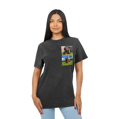 Dog print Vintage Style Acid Washed Round Neck Tee - Eco-Friendly T-Shirt, Everyday