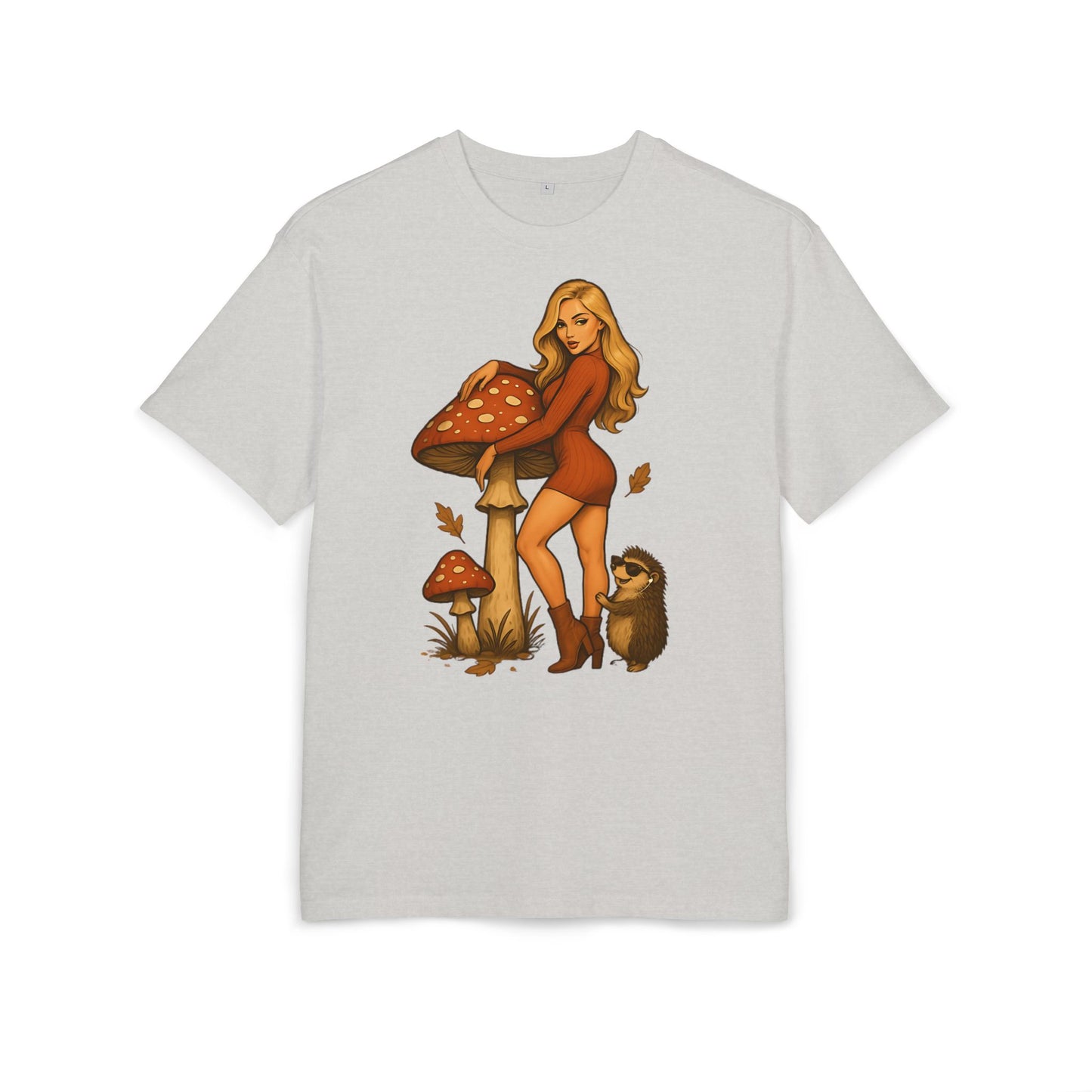 Vintage Pilz Fee & Igel Cartoon (Brustprint) – Retro Waldmotiv T-Shirt für Natur- & Pilzliebhaber