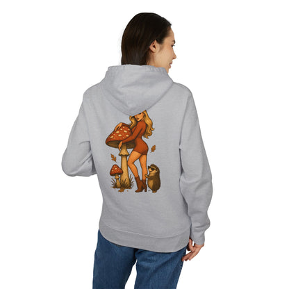 Vintage Pilz Fee & Igel Hoodie (Rückenprint) – Retro Waldmotiv Kapuzenpullover für Natur- & Pilzliebhaber