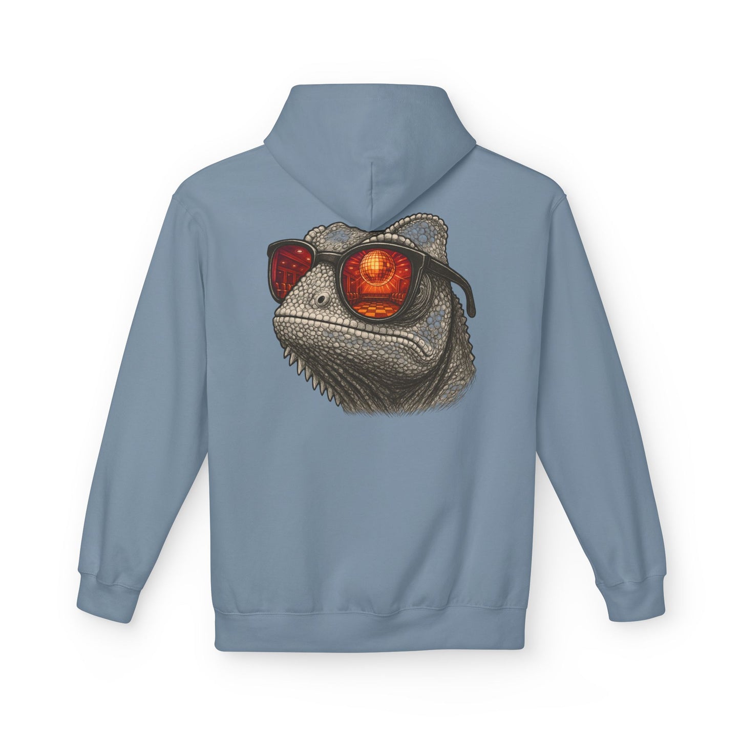 Chamäleon Hoodie Unisex (Rückenprint) – Retro Tiermotiv mit Sonnenbrille & Disco-Design – Lustiger Kapuzenpullover für Festival, Streetwear & Geschenkideen
