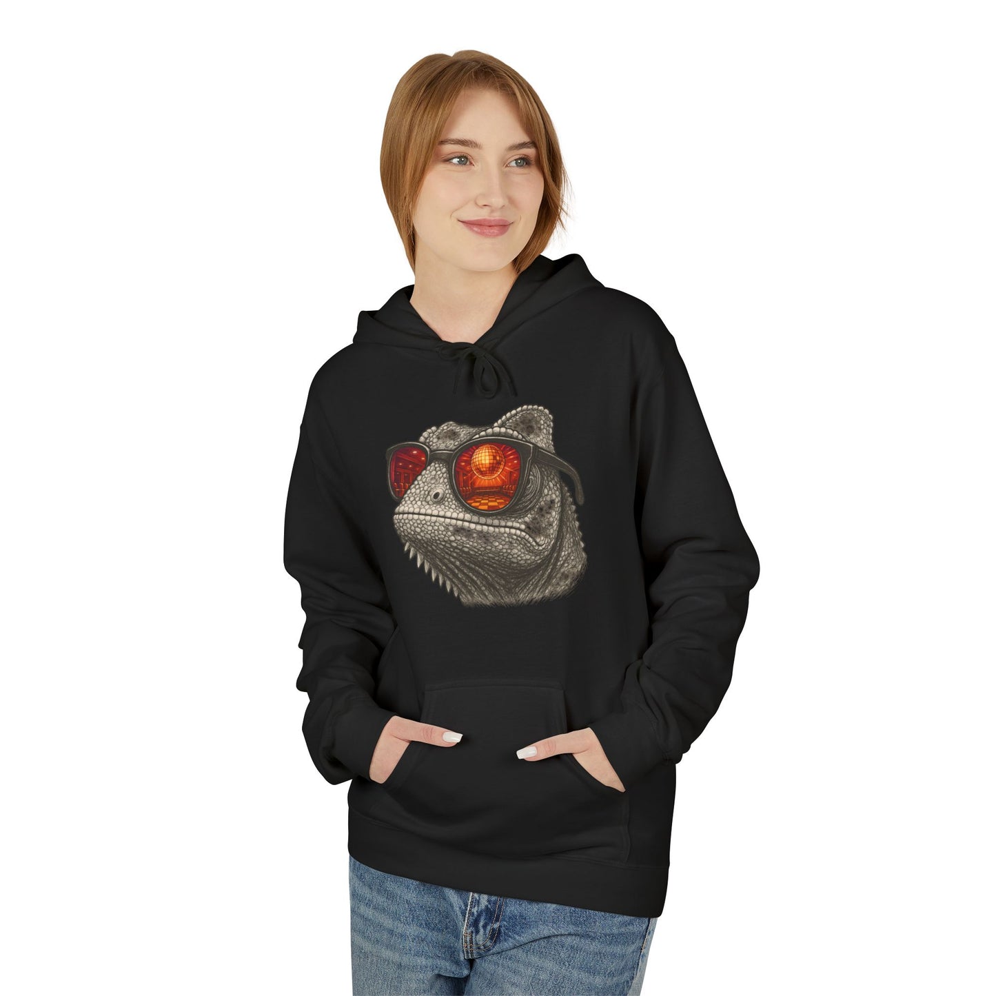 Chamäleon Hoodie Unisex (Brustprint) – Retro Tiermotiv mit Sonnenbrille & Disco-Design – Lustiger Kapuzenpullover für Festival, Streetwear & Geschenkideen