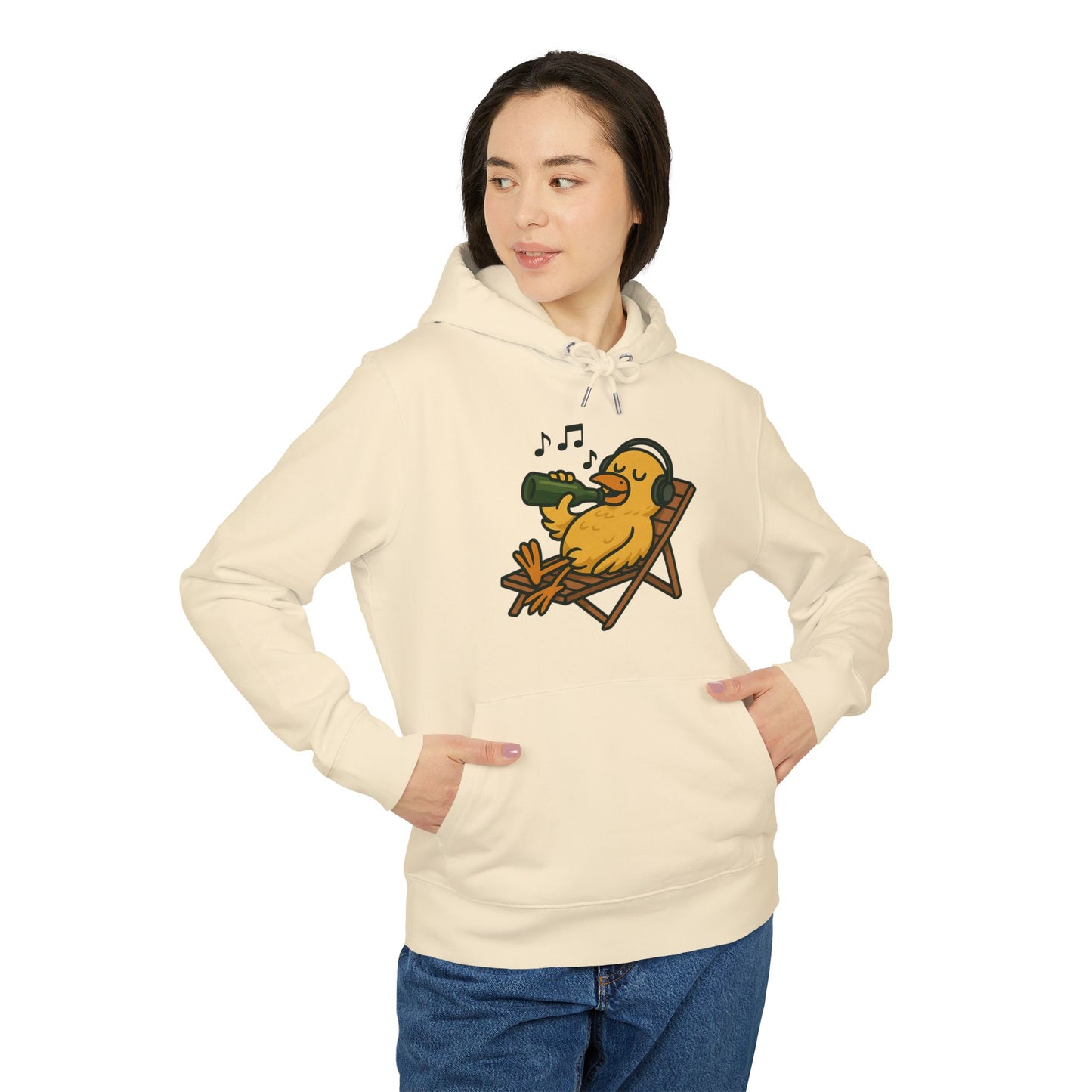 Chillente Hoodie (Brustprint) – Lustiger Unisex Kapuzenpullover mit Ente, Bier & Musik-Motiv | Perfekt für Freizeit, Festivals & Sommer