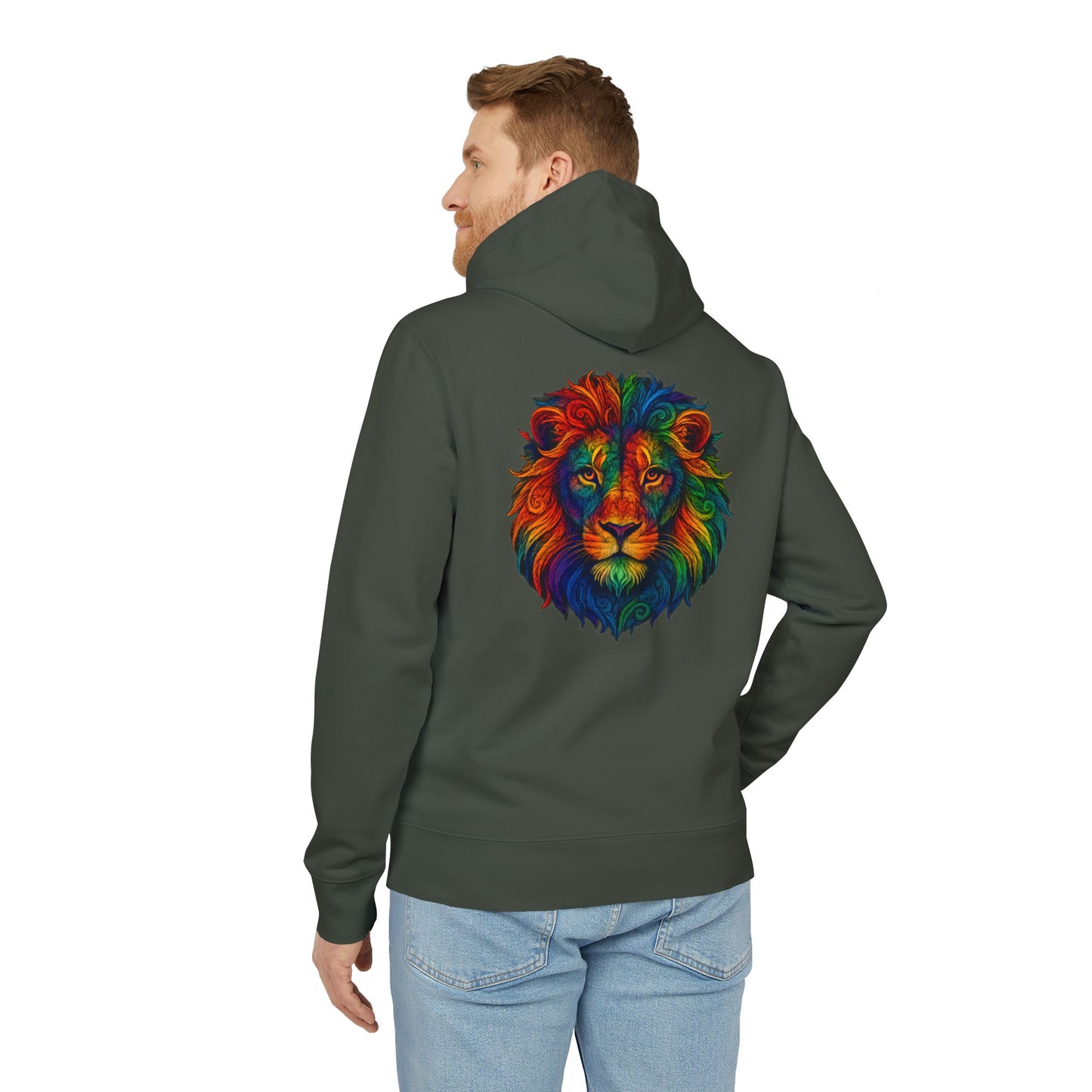 Bunter Löwen Hoodie (Rückenprint) – Psychedelischer Kapuzenpullover mit Tiermotiv – Unisex Streetwear im Boho & Festival Stil