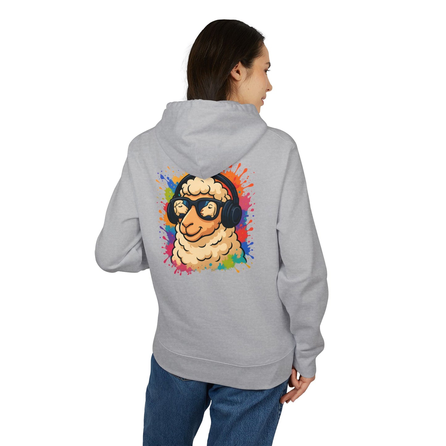 Schaf Hoodie (Rückenprint) – Lustiger Unisex Kapuzenpullover mit Kopfhörer-Schaf & buntem Farbspritzer-Design