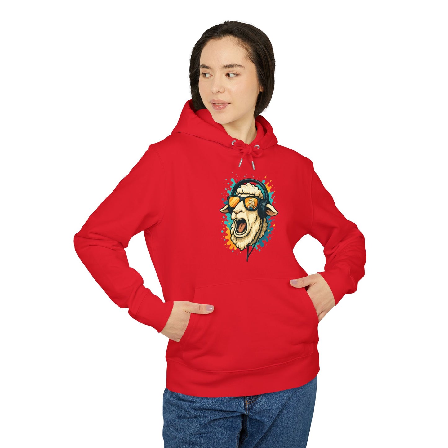 Lustiger Schaf Hoodie (Brustprint) – Unisex Kapuzenpullover mit Kopfhörer & Sonnenbrille – Musik Cartoon Streetwear für Tierfreunde