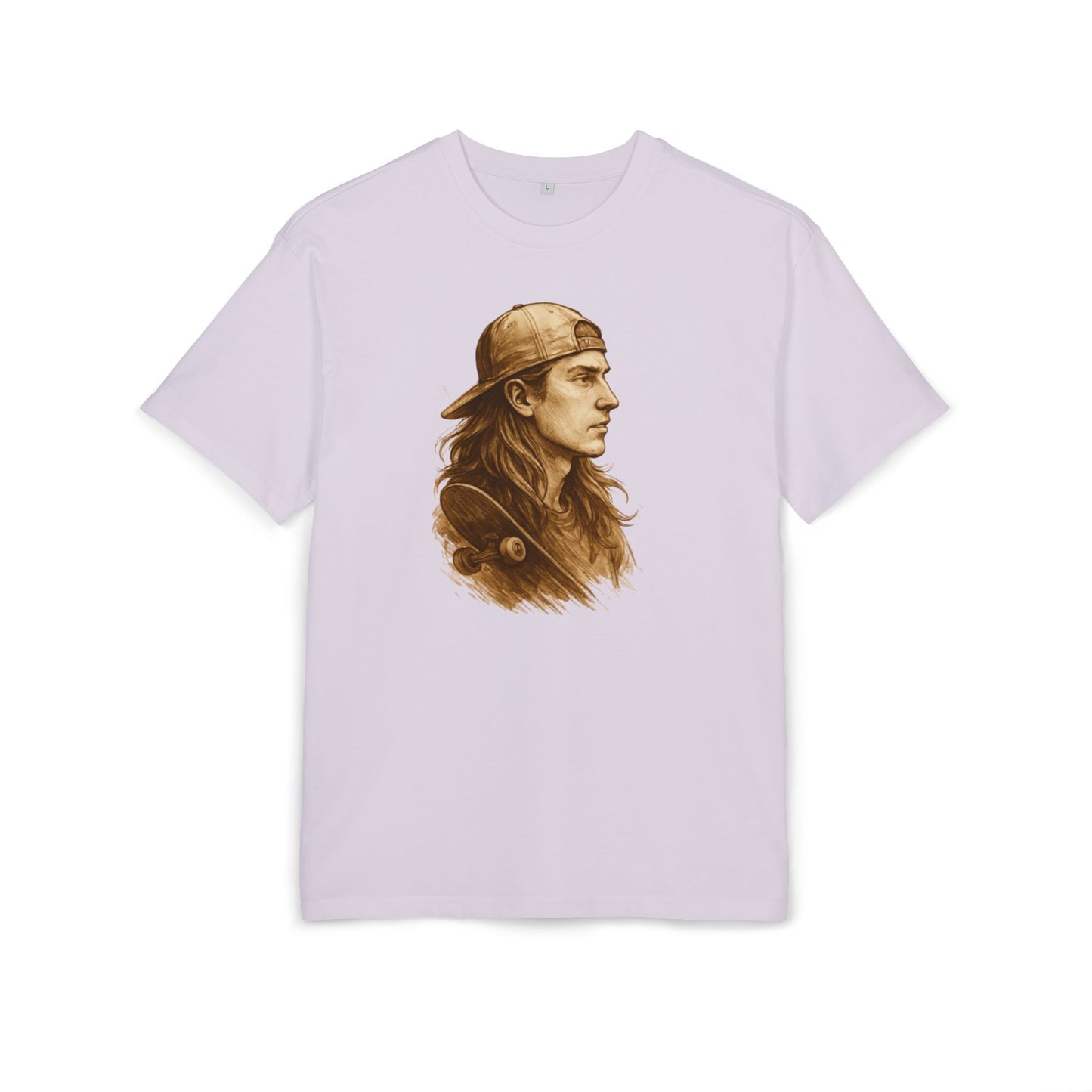 Skater Style T-Shirt (Brustprint) – Retro Kunst-Design mit Langhaar-Skater und Cap – Vintage Skateboard Look