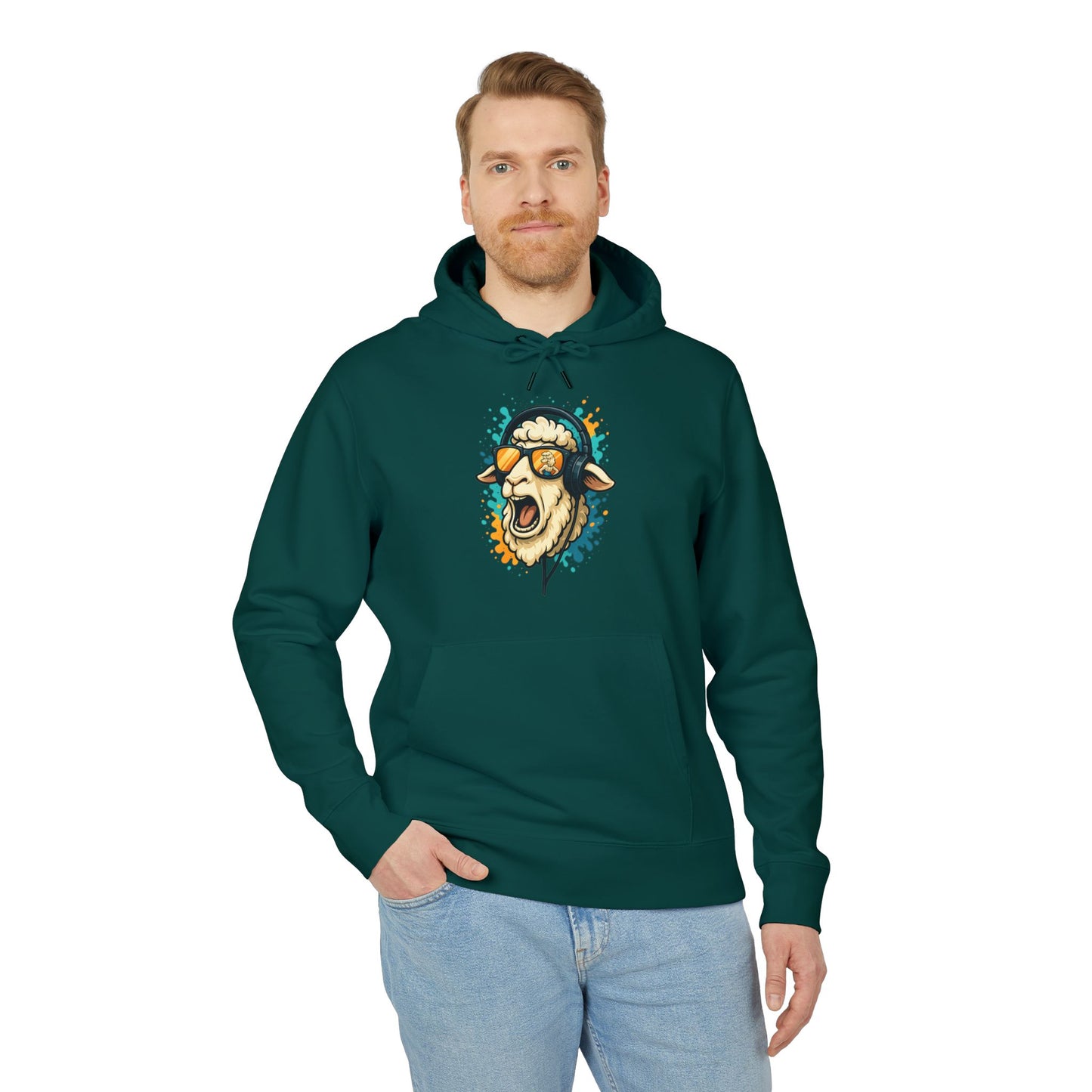 Lustiger Schaf Hoodie (Brustprint) – Unisex Kapuzenpullover mit Kopfhörer & Sonnenbrille – Musik Cartoon Streetwear für Tierfreunde