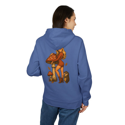 Vintage Pilz Fee & Igel Hoodie (Rückenprint) – Retro Waldmotiv Kapuzenpullover für Natur- & Pilzliebhaber