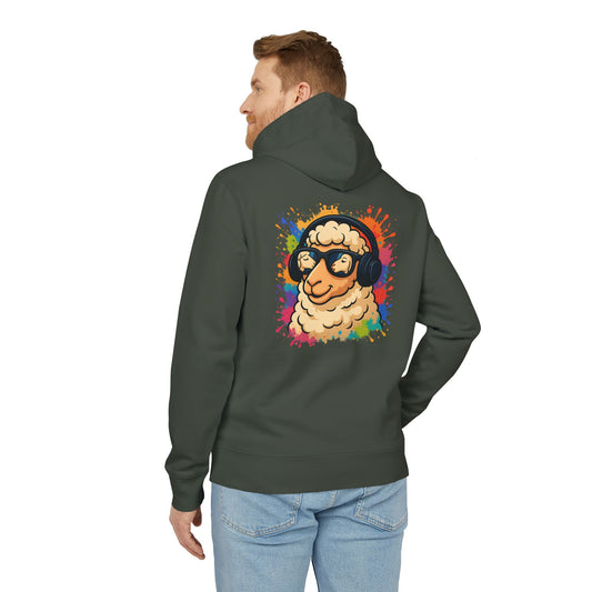 Schaf Hoodie (Rückenprint) – Lustiger Unisex Kapuzenpullover mit Kopfhörer-Schaf & buntem Farbspritzer-Design