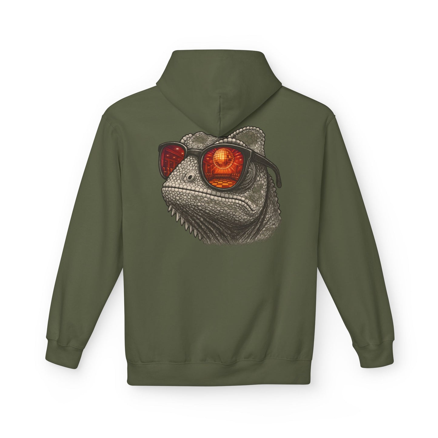 Chamäleon Hoodie Unisex (Rückenprint) – Retro Tiermotiv mit Sonnenbrille & Disco-Design – Lustiger Kapuzenpullover für Festival, Streetwear & Geschenkideen