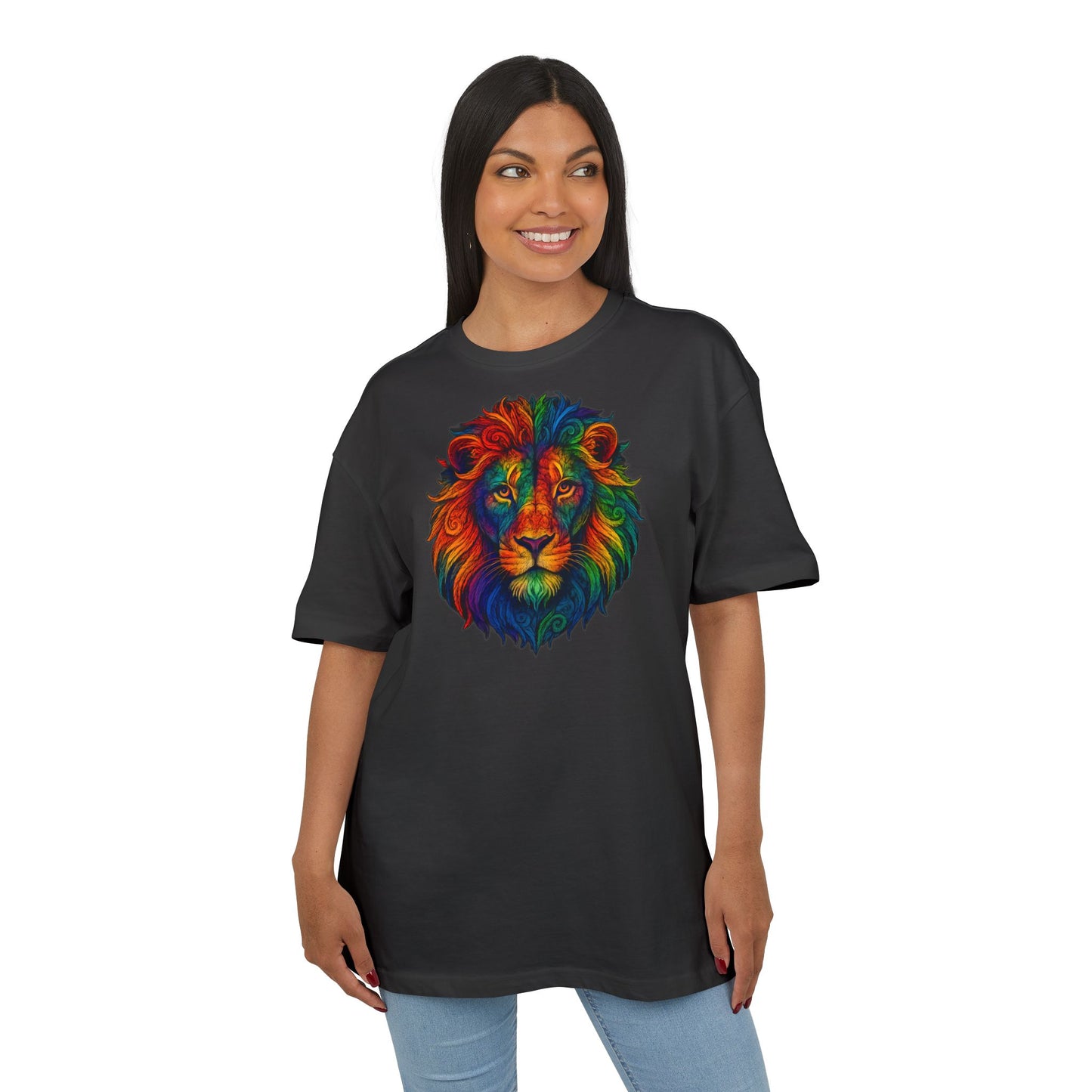 Buntes Löwen T-Shirt (Brustprint) – Psychedelisches Tiermotiv im Boho-Stil – Unisex Oversize Shirt für Kunst-, Natur- & Festival-Fans